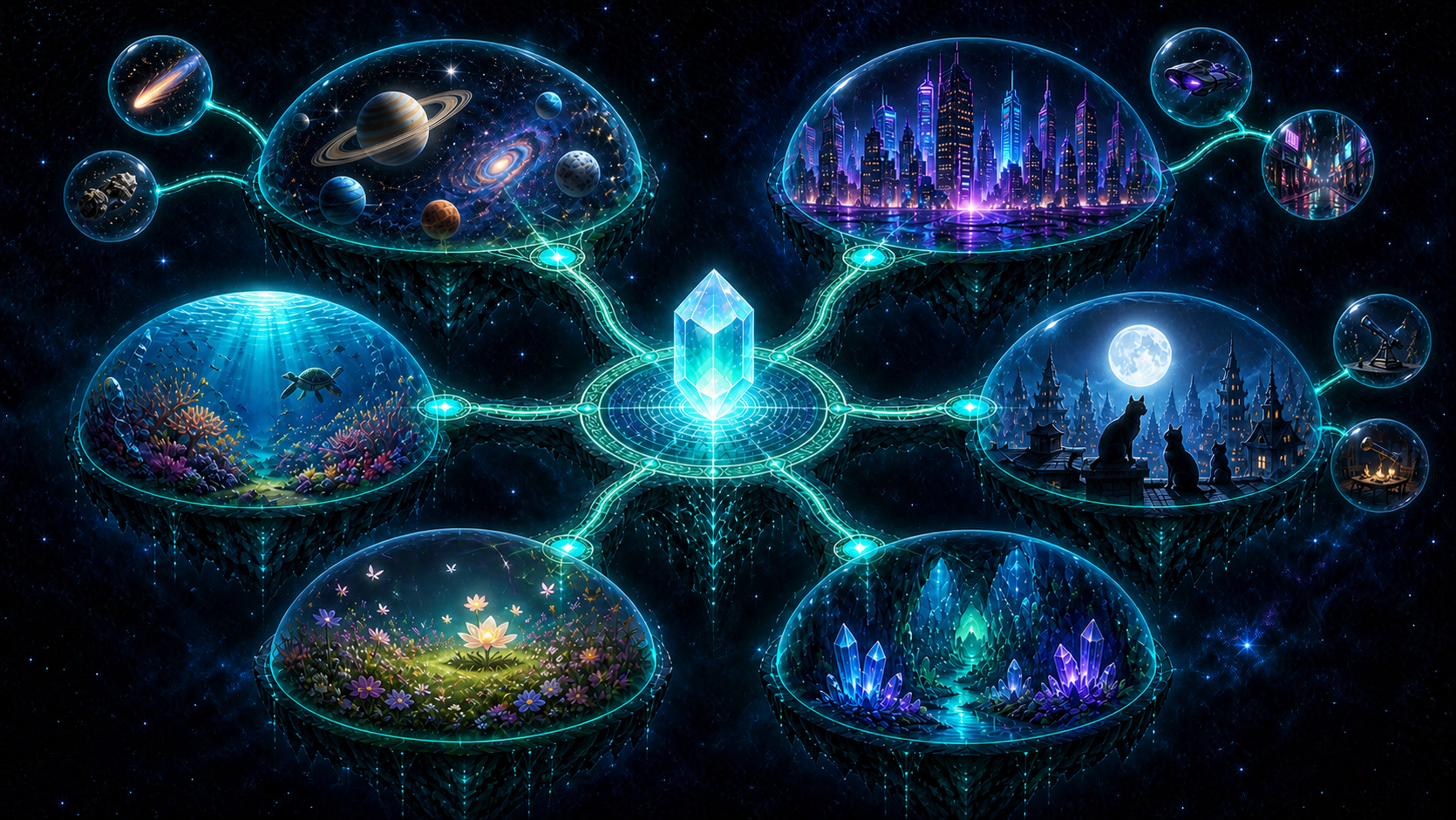 Biolumineszente Infinite Map mit zentralem Kristall, sechs Themenwelten und verzweigten Unterblasen