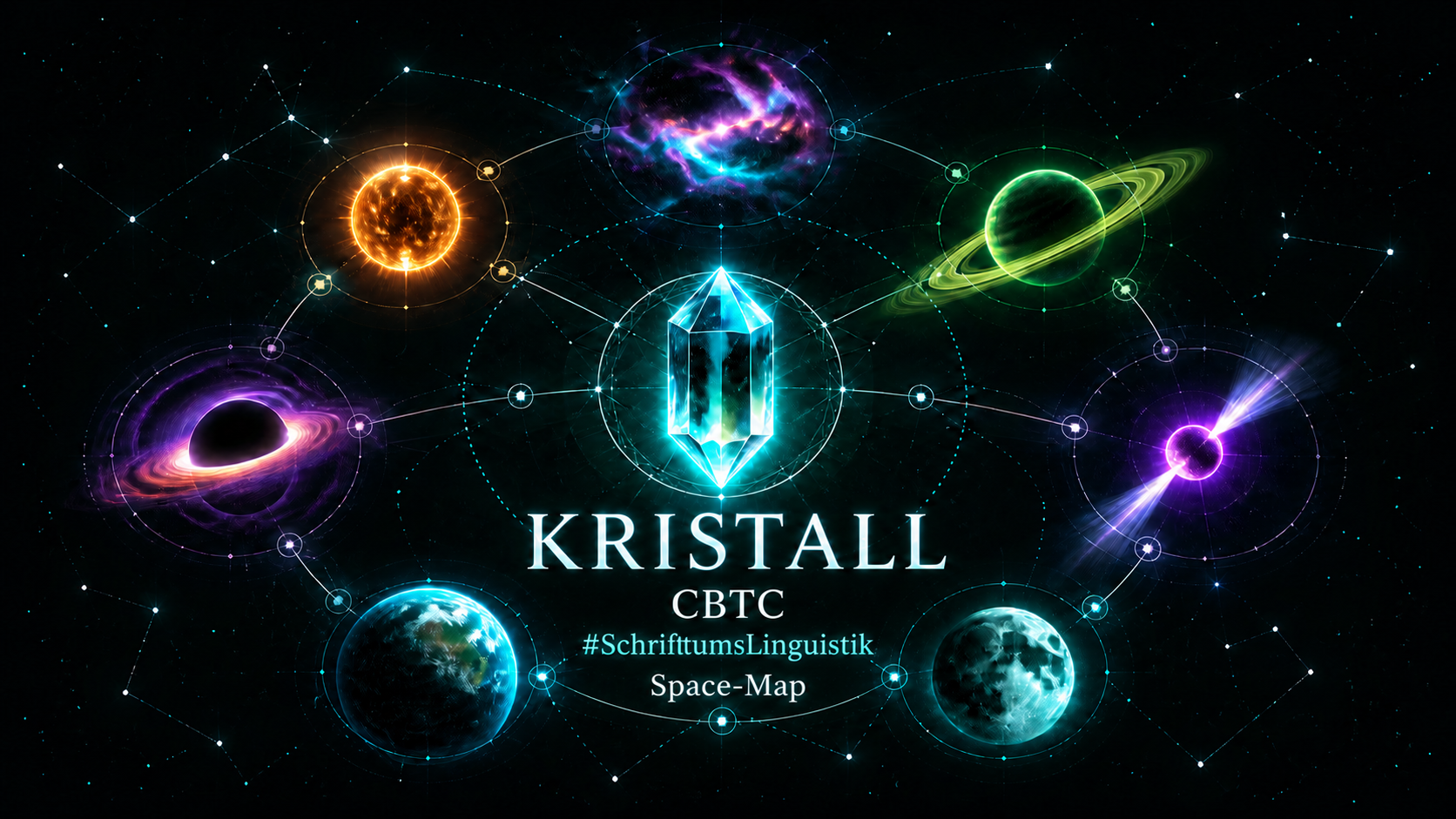 Kristall CBTC #SchrifttumsLinguistik Space-Map mit zentralem Kristall und sieben kosmischen Sektoren
